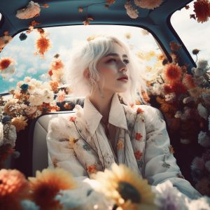 Woman in car full of flowers - Πίνακας σε καμβά
