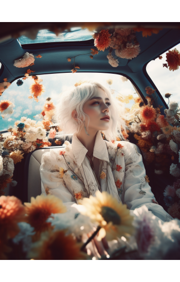 Woman in car full of flowers - Πίνακας σε καμβά