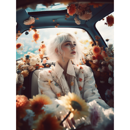 Woman in car full of flowers - Πίνακας σε καμβά Κάδρα / Καμβάδες