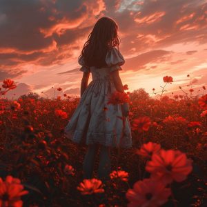 Young girl in sunset -  Πίνακας σε καμβά