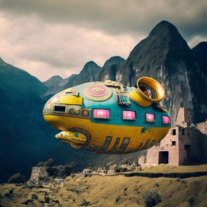 Alien spaceship flying over Machu Picchu 2 - Πίνακας σε καμβά