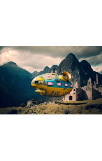 Alien spaceship flying over Machu Picchu 2 - Πίνακας σε καμβά