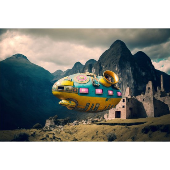 Alien spaceship flying over Machu Picchu 2 - Πίνακας σε καμβά Κάδρα / Καμβάδες