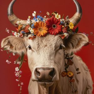 Ox with flowers - Πίνακας σε καμβά