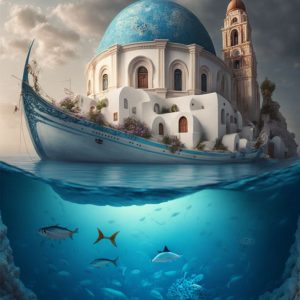 Santorini island blue white dome church 2 - Πίνακας σε καμβά