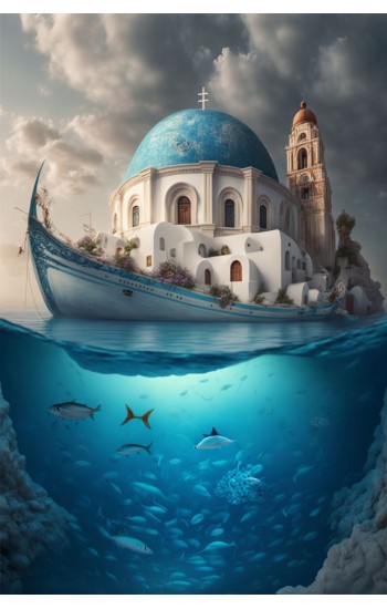 Santorini island blue white dome church 2 - Πίνακας σε καμβά