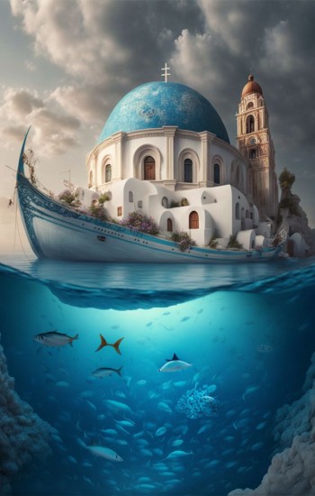 Santorini island blue white dome church 2 - Πίνακας σε καμβά