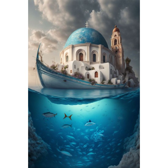 Santorini island blue white dome church 2 - Πίνακας σε καμβά Κάδρα / Καμβάδες