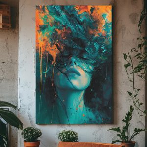 Turquoise and orange painted woman - Πίνακας σε καμβά