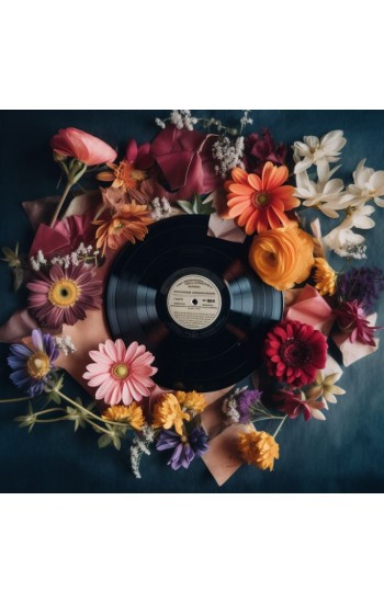 Vinyl record surrounded by dark gorgeous flowers - Πίνακας σε καμβά
