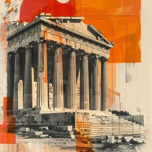Παρθενώνας σε πορτοκαλί κολάζ - Πίνακας σε καμβά