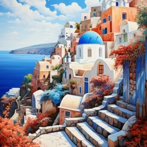 Θέα της Σαντορίνης με μπλε τρούλους - Πίνακας σε καμβά