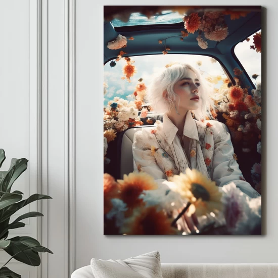 Woman in car full of flowers - Πίνακας σε καμβά