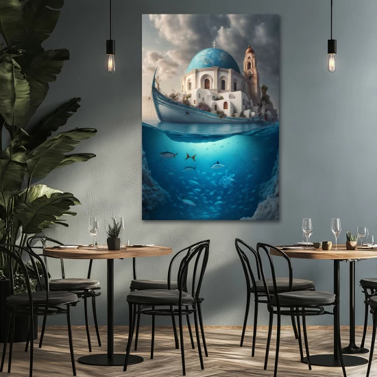 Santorini island blue white dome church 2 - Πίνακας σε καμβά