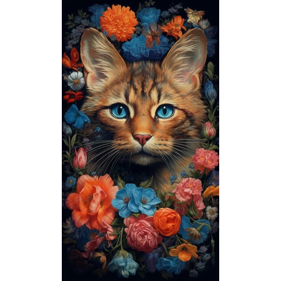 Cat in colorful flowers - Πίνακας σε καμβά