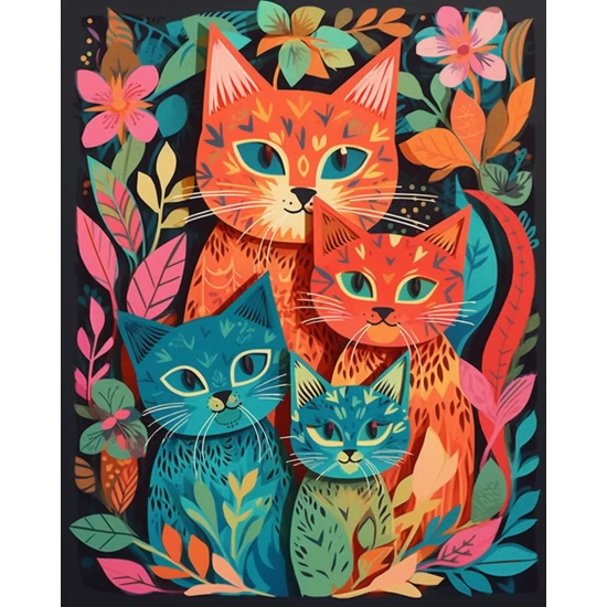 Cats in colorful flowers - Πίνακας σε καμβά