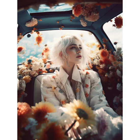 Woman in car full of flowers - Πίνακας σε καμβά