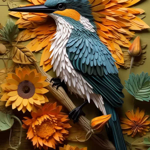 Kingfisher covered with sunflowers and leaves